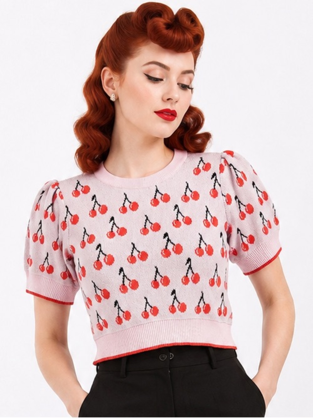 ON 34th Pink Retro Cherry Print Short Puff Sleeve Crew Neck Sweater 0X/14W